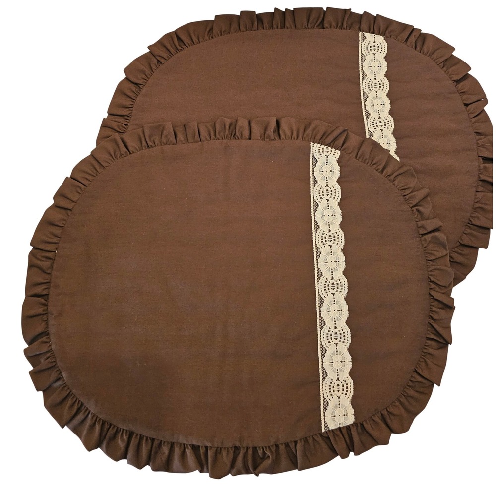 2 Brown‎ Oval Ruffled Lace Trim Table Quilted Placemats Granny Cottage 80s